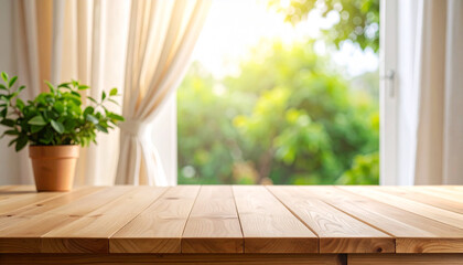 Wooden Table Top with Blurred Background and Half Curtailed Window Light

