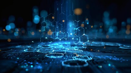 High-resolution blue digital background with circuit light paths and smooth-floating hexagons arranged symmetrically 