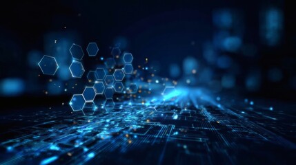 High-resolution blue digital background with circuit light paths and smooth-floating hexagons arranged symmetrically 