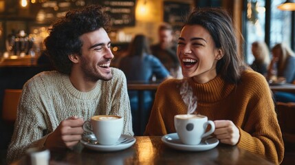 Two animated friends jabbering excitedly over coffee in a cozy café filled with laughter and chatter