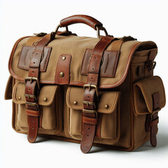  World War I-Era Canvas Military Satchel with Leather Straps and Brass Buckles, Isolated on a Pure White Background in a Historic Military Equipment Style