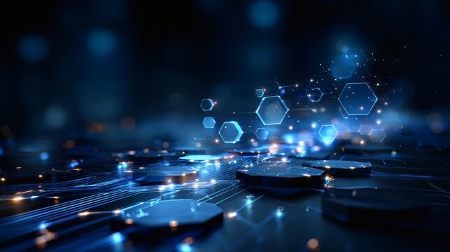 Grid-based circuit concept in deep blue with glowing energy lines and hex-shaped graphics hovering above 