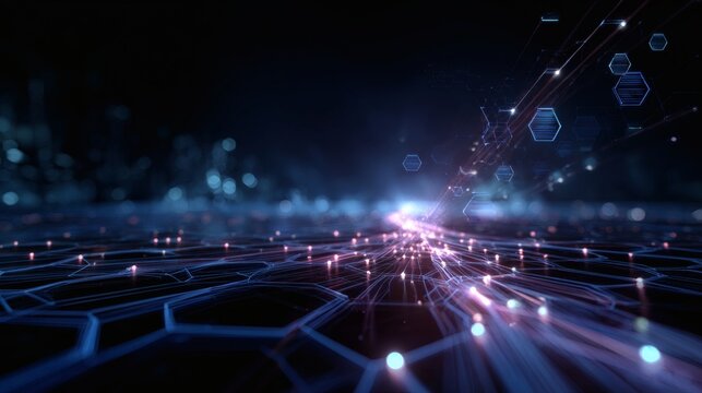 Grid-based circuit concept in deep blue with glowing energy lines and hex-shaped graphics hovering above 