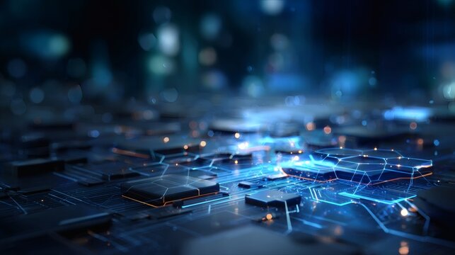 Glowing cyber backdrop in layered blue tones with integrated circuit patterns and elevated hex grids 
