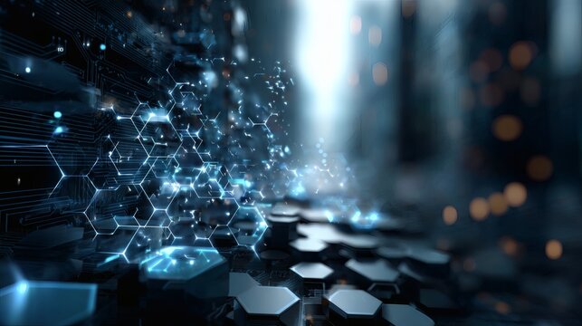 Glowing cyber backdrop in layered blue tones with integrated circuit patterns and elevated hex grids 
