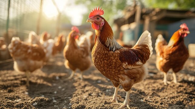 Chickens roam freely in a sunlit outdoor enclosure, showcasing healthy feathers and natural behavior in a farm setting.