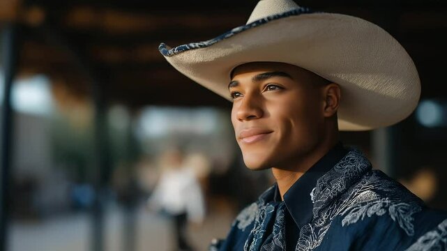 A proud dancer in a charro suit at a lively plaza
