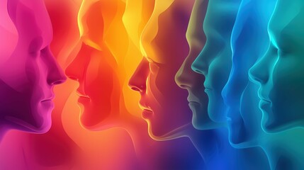 Conceptual artwork featuring vibrant, colorful human profiles in a row showcasing individuality and diverse perspectives