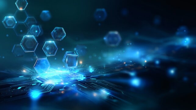 Electric blue visual with seamless circuit paths and symmetrical hexagonal floating icons across a gradient field 