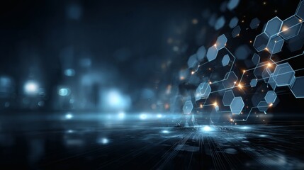 Cybernetic-themed blue interface with glowing network lines and hexagon overlays on a gradient tech background 