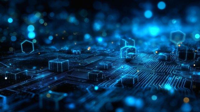 Dark futuristic interface glowing with blue circuit patterns and geometric hex shapes floating in space 