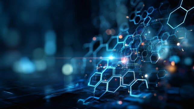 Cybernetic-themed blue interface with glowing network lines and hexagon overlays on a gradient tech background 