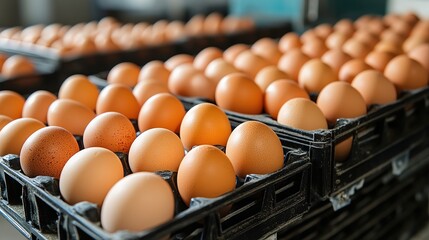 Close-up of multiple brown eggs neatly arranged in black plastic trays, likely in a market or storage setting.