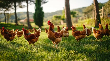 Fototapeta premium A group of chickens freely roaming on green grass in a sunny, rural outdoor setting with trees and hills in the background.