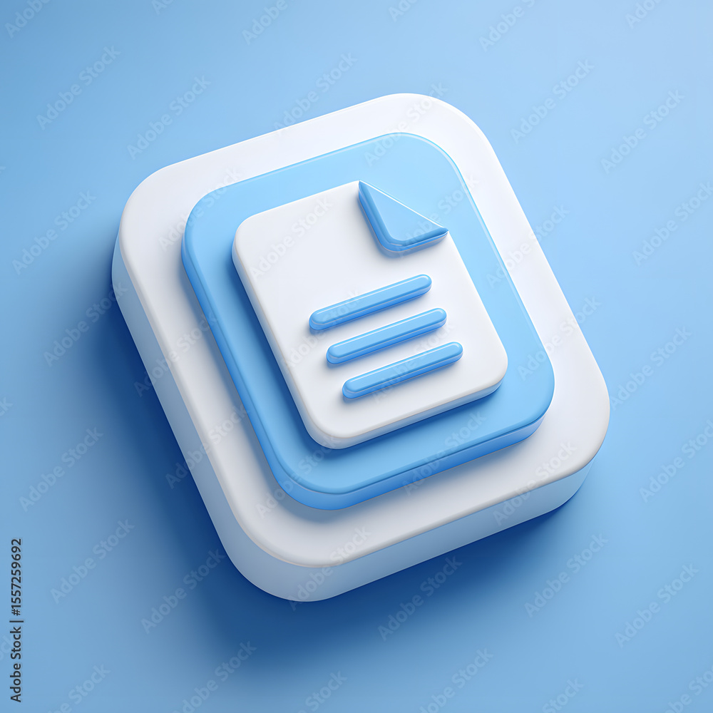 Fototapete 3d rendering of a document icon with a folded corner, layered on blue and white rounded squares.
