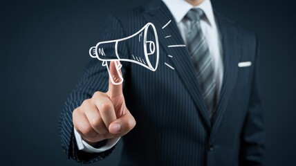 A businessman in a suit points at a virtual megaphone illustration symbolizing communication and marketing.