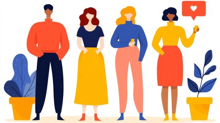 Four diverse people standing together, holding phones, with potted plants on each side and a social media like notification above.