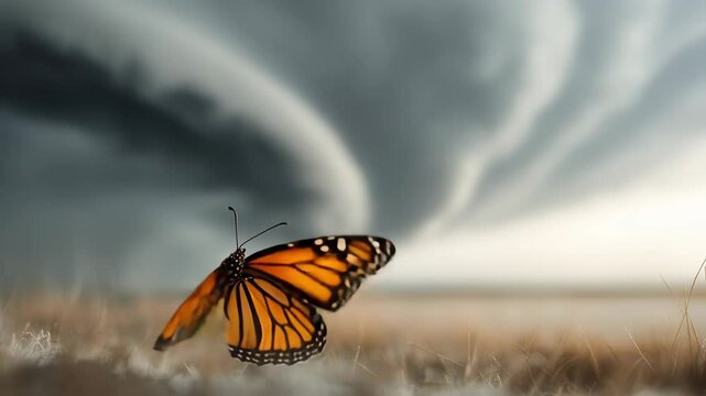A vibrant monarch butterfly perches calmly on soft grass, contrasting with the ominous storm clouds gathering in the distance, creating a striking visual juxtaposition in nature.