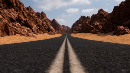 A long, straight road stretches through a desert landscape with rugged red rock formations on both sides under a partly cloudy sky.