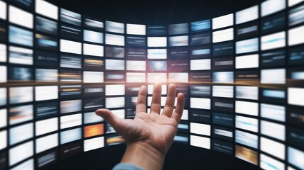 A hand reaches out towards a curved wall of multiple glowing digital screens displaying various content in a futuristic, high-tech environment.