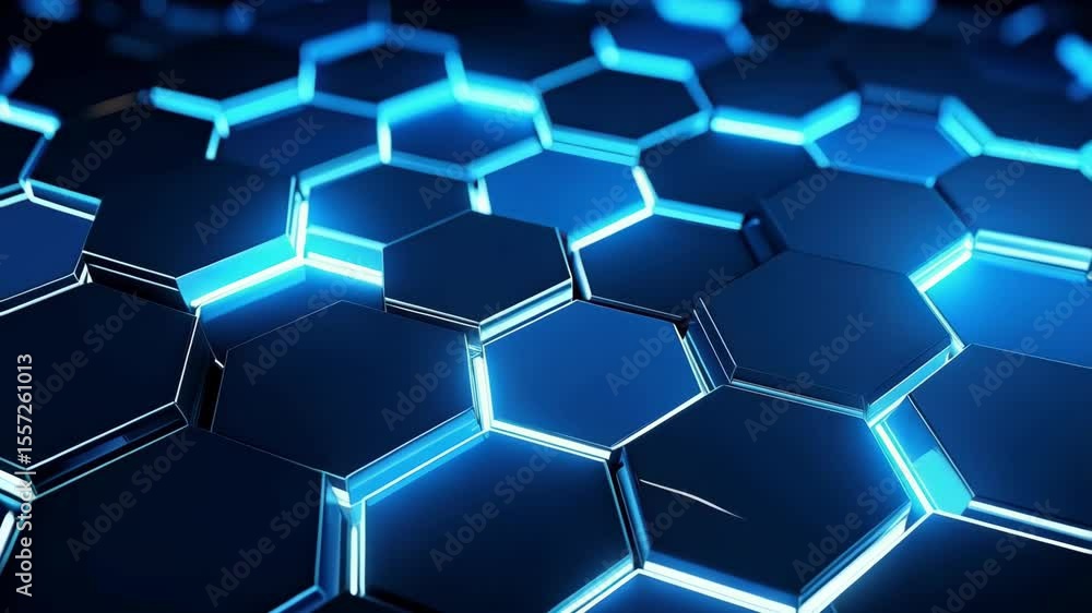 Poster futuristic dark background with hexagonal grid pattern and blue luminous edging, illustrating techno