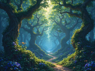 "Fantasy forest where trees grow in a perfect outward spiral, forming a fractal pattern visible from above, their leaves glowing in different hues as if absorbing sunlight from a hidden center."