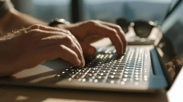 A serene morning unfolds as fingers glide over the keyboard, crafting stories and ideas in a sunlit workspace. Inspiration flows in every keystroke amidst beautiful surroundings.