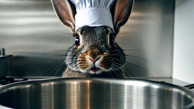 Funny Rabbit Wearing Chef Hat Looking Over Large Stainless Steel Pot in Modern Kitchen with Curious Expression and Bright Lighting

