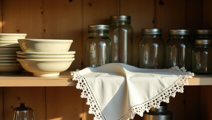 Warm sunlight illuminates a rustic wooden shelf displaying stacked cream colored ceramic bowls and glass jars with metal lids