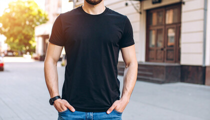 Young Boy Wearing Black T Shirt Mockup Outdoors in Natural Daylight Urban Street Scene