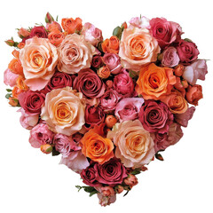 Naklejka premium Heart shaped floral arrangement of pink and orange roses isolated on transparent background.