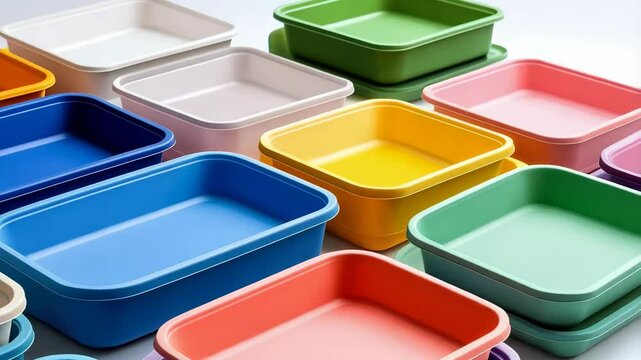 Colorful plastic containers arranged on a white surface, showcasing vibrant hues and minimalistic design, creating a modern and organized aesthetic.