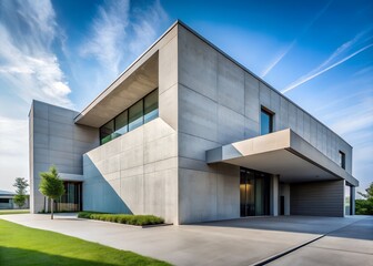 Modern architectural exterior with clean lines, sharp angles, and concrete textures — close-up shot with soft natural lighting, no people