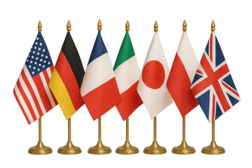 Six national flags, including the united states, germany, france, italy, japan, and the united kingdom, stand on gold poles with a transparent background