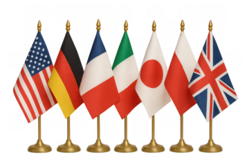Six national flags, including the united states, germany, france, italy, japan, and the united kingdom, stand on gold poles with a transparent background