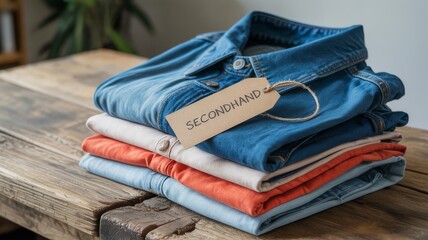 A neat stack of folded jeans and casual pants with a "SECONDHAND" tag on top, placed on a rustic wooden table.