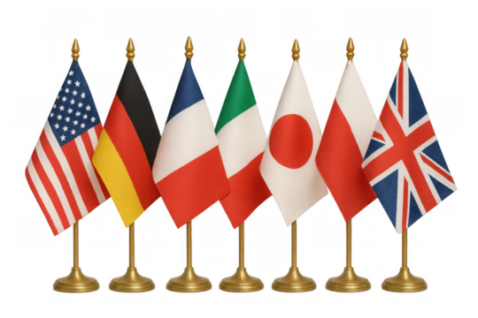 Six national flags, including the united states, germany, france, italy, japan, and the united kingdom, stand on gold poles with a transparent background
