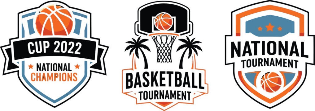 Three basketball tournament logos with various designs on dark blue back