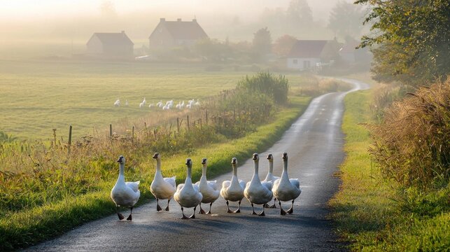 A gaggle of geese waddles across a quiet rural road in the morning mist with fields and farmhouses in the background