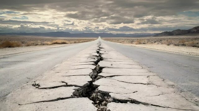 Seismic waves progressively damaging desert road surface, creating growing crack splitting asphalt from ground movement during major tectonic event