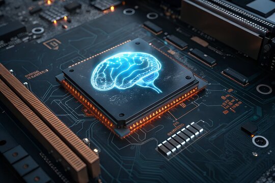 Digital brain on a futuristic circuit board with glowing components - Powered by Adobe
