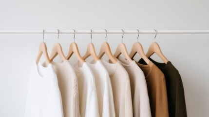 A minimalist clothing rack displays neutral-toned sweaters and shirts on wooden hangers against a plain white background.