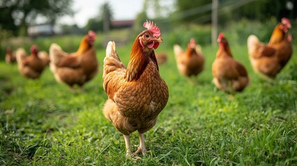 Fototapeta premium A group of brown chickens foraging in a grassy outdoor area with a blurred background of trees and fencing.