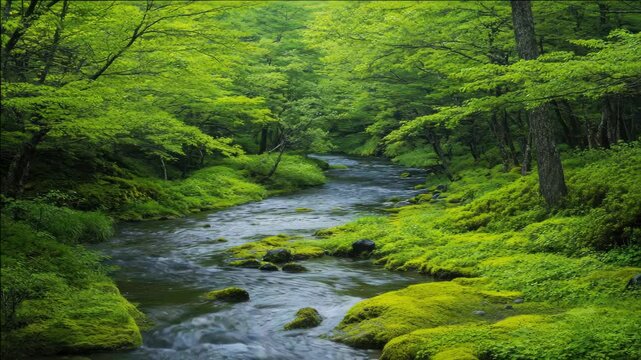 Water flowing through verdant woods, with a gentle stream leading the eye deeper into the forest