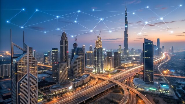 Futuristic cityscape with digital network overlay at dusk