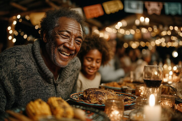 Happy Latino grandfather smiling with granddaughter at festive dinner