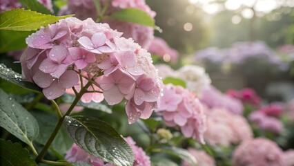Fototapeta premium Delicate pink hydrangea blossoms adorned with morning dew drops in soft sunlight