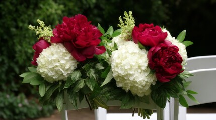 Obraz premium A beautiful floral arrangement featuring deep red peonies and white hydrangeas on a white chair in an outdoor garden setting.