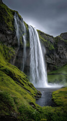 A breathtaking vertical shot of Seljalandsfoss waterfall in Iceland, cascading down lush green cliffs amidst misty conditions