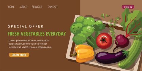 Vegetables in a Box. Zucchini, broccoli, tomato and paprika. Healthy eating and nutrition. Top view
